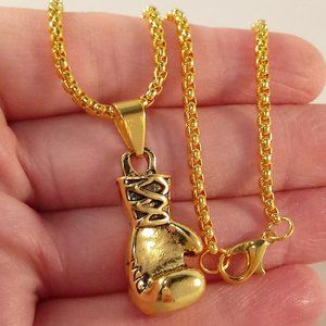 Mens Gold Stainless Steel Boxing Glove Boxer Rocky Pendant Rolo Chain Necklace